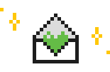 Pixel art of a green heart emerging from an open envelope surrounded by sparkles